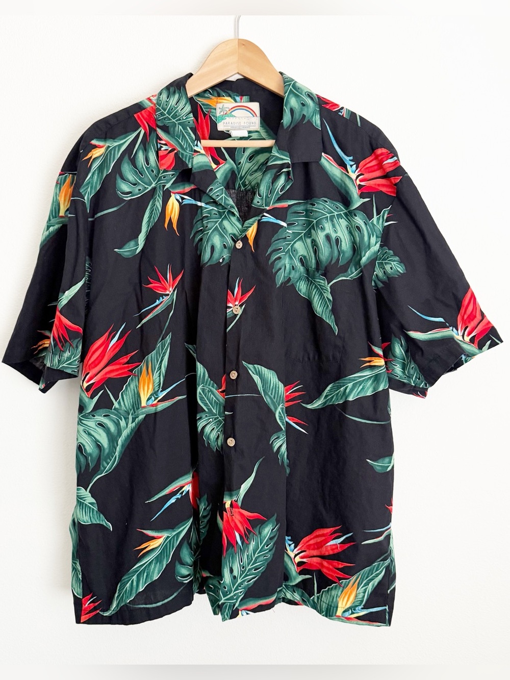Vtg 80s Paradise Found Bird of Paradise Floral Hawaiian Aloha Shirt Black 2XL